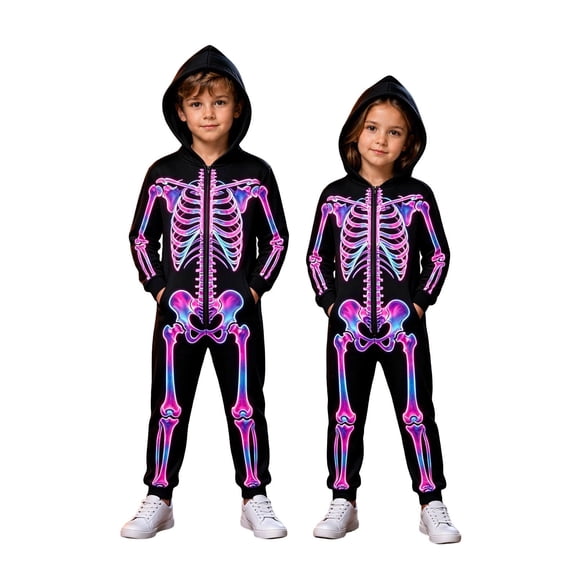 Tfken Halloween Jumpsuit For Girls Fall Winter Long Sleeve Skeleton Graphic Comfy Casual Hooded Jumpsuit With Pockets Daily Wear Toddler Comfortable Clothes Size 9-10 Years Black