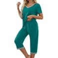 thumbnail image 5 of Women's 2 Pieces Sleepwear Sets Solid Short Sleeve V-Neck Top Cropped Pants Suit Pajamas Sets, 5 of 5