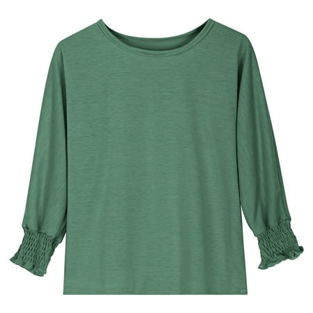 MIXUE Kids Girls Tops & T-Shirts Summer Cute Solid Color Crew Neck Ruffle Long Sleeve Basic Casual Blouse T Shirts Sportwear Green 5-6 Years