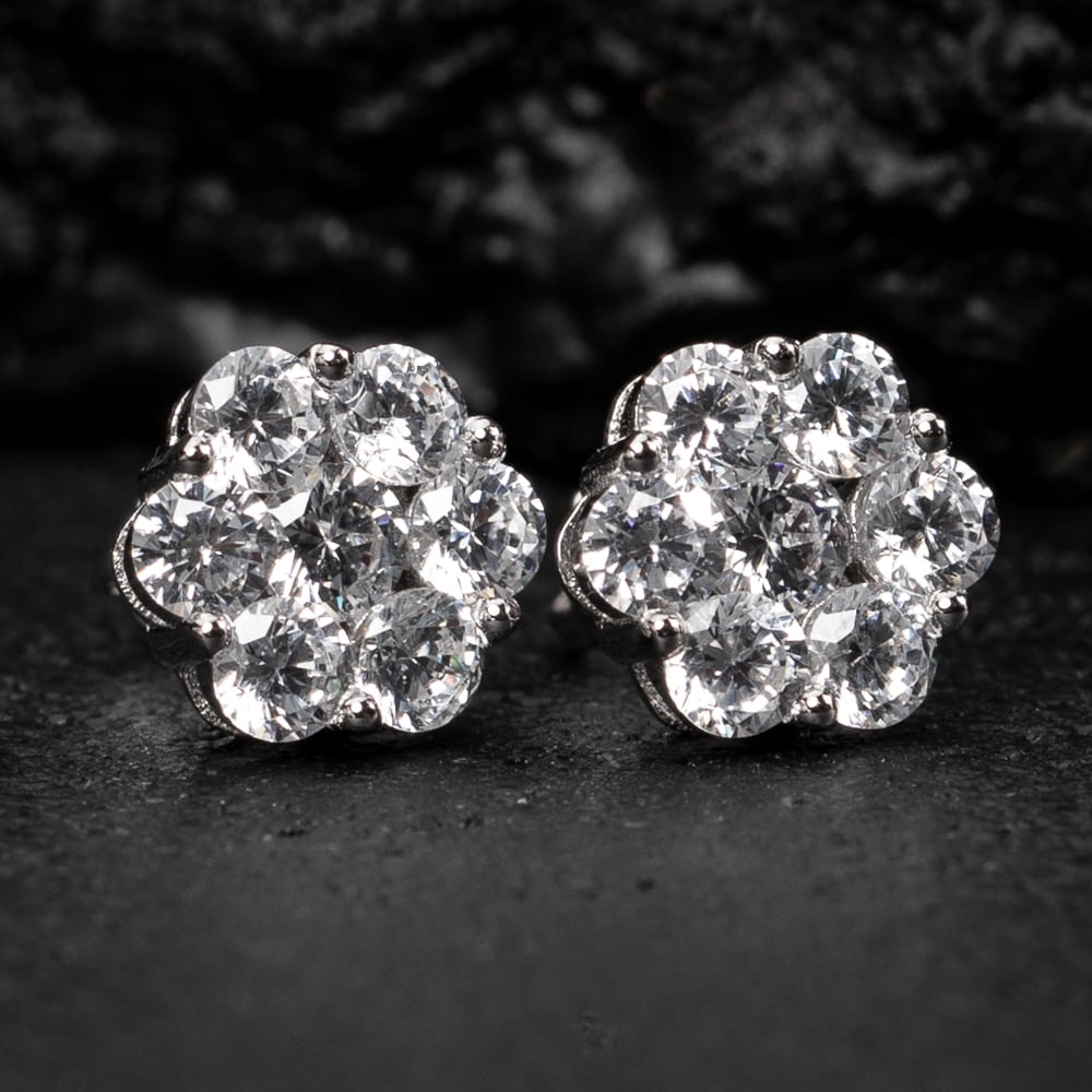 White Gold Plated 925 Sterling Silver Screw Back Post Women’s Men’s Iced CZ Round Flower Cluster Circle Hip Hop  Cubic Zirconia Stud Earrings