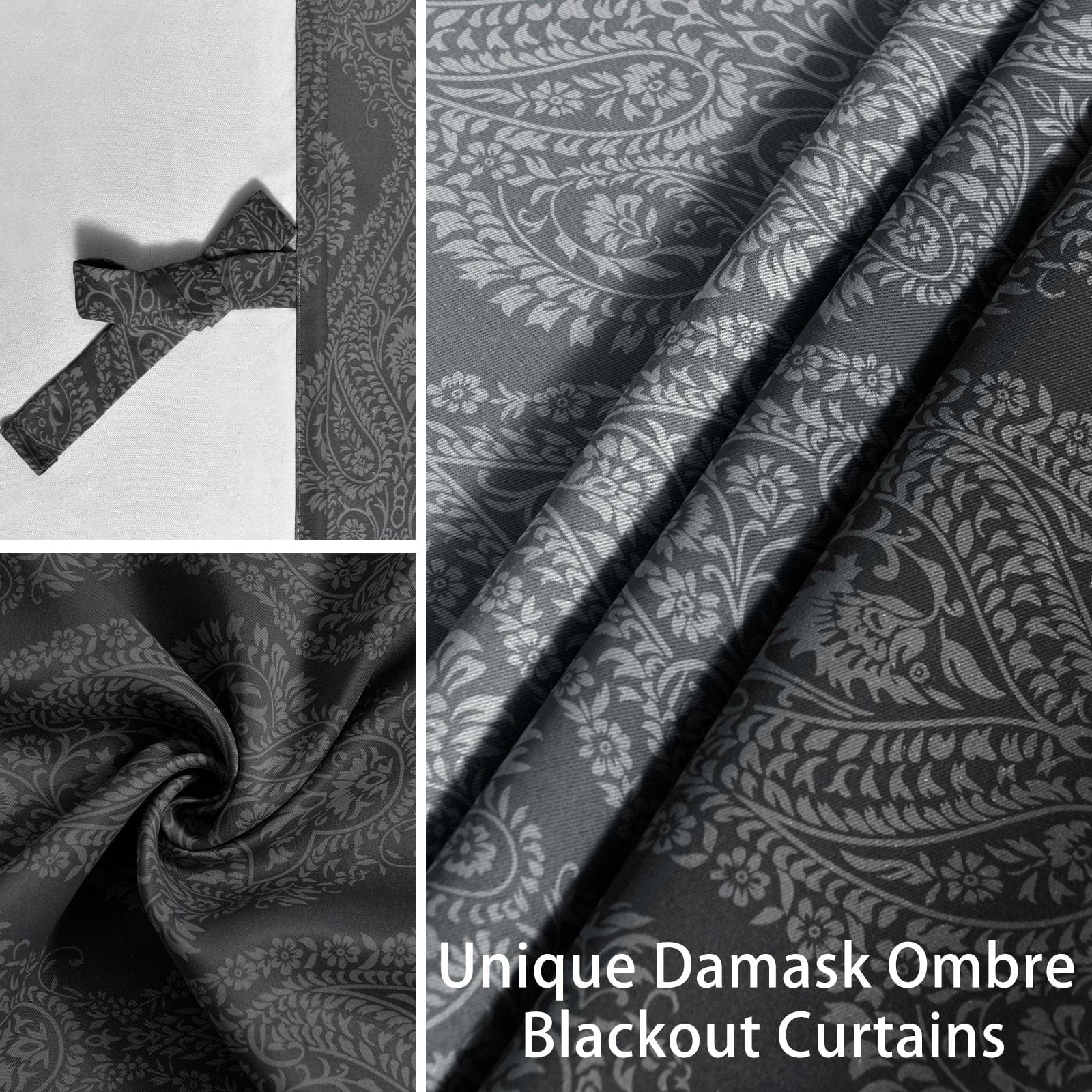 DWCN Ombre Blackout Curtains–Damask Patterned Thermal Insulated Noise Reducing Grommet Curtains for Bedroom Living Room, 52 x 63 Inches, Set of 2 Panels with Tiebacks, Black