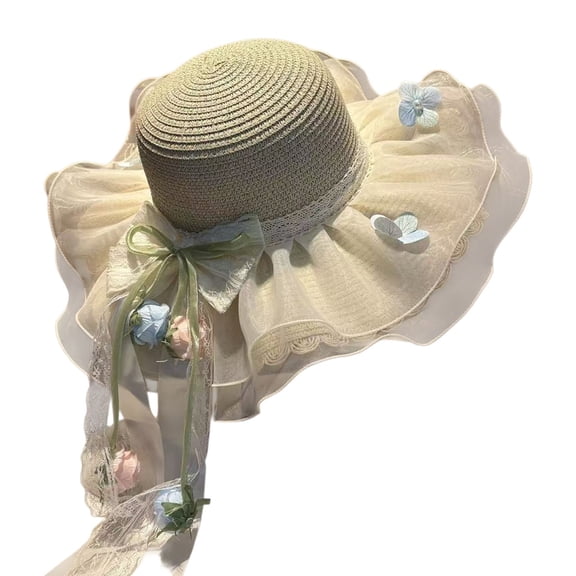 Koadzawe Women's Wide Brim Sun Hat, Straw Beach Cap with Ruffled Organza Brim and Floral Appliques, Elegant Fairy Hat with Long Lace Tail for Tea Party, Garden, and Vacation Beige One Size