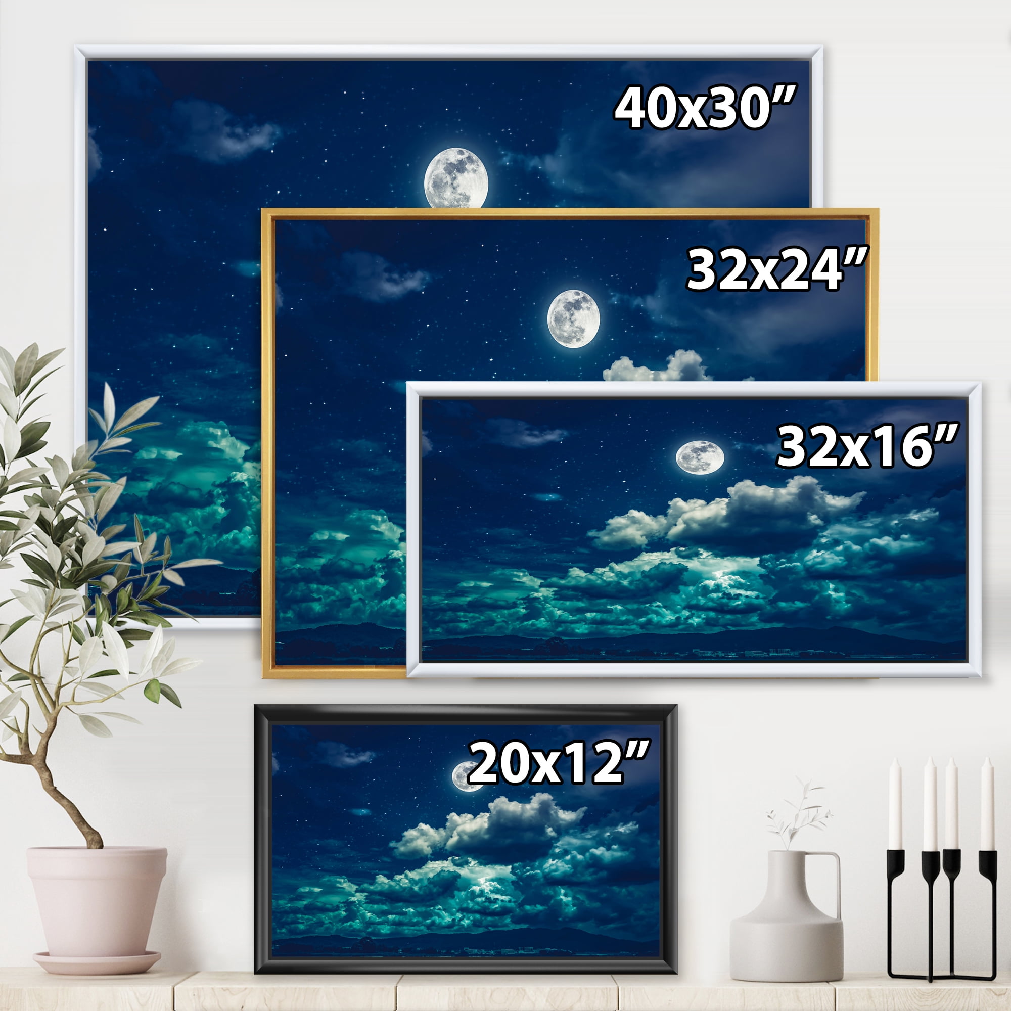 Designart 'Full Moon Night in Cloudy Sky II' Nautical & Coastal Framed Canvas Wall Art Print