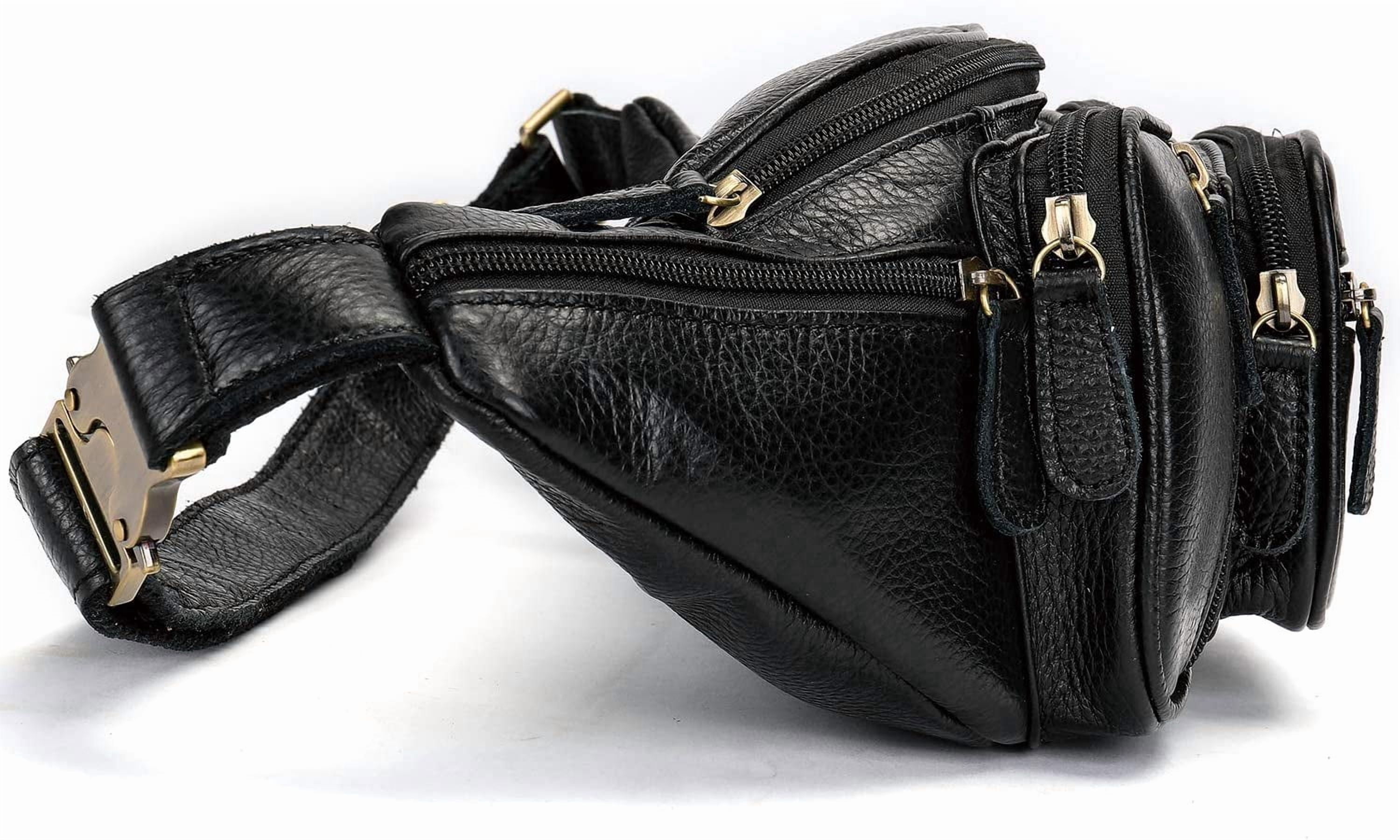 MARRANT Genuine Leather Fanny Pack for Men, Large Capacity Crossbody Waist Bag with Multiple Zipper Pockets, Black