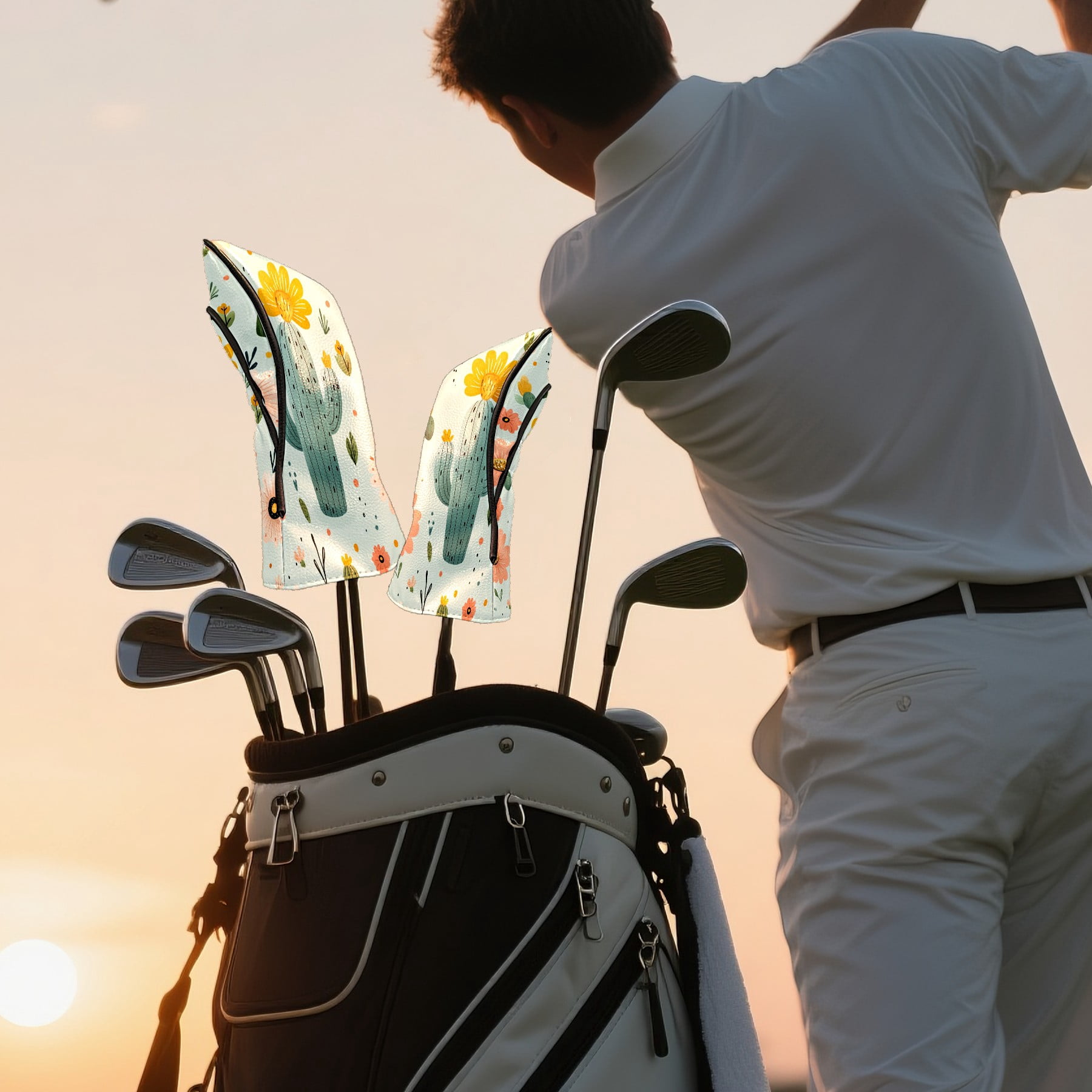 Golf Club Covers PU Leather Waterproof Head Covers for Fairway Woods Hybrids Cute Cactus