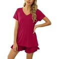 thumbnail image 3 of Hanerdun Women Sleepwear Pajamas Set 2PCS Drawstring Shorts with V-Neck Short Sleeve Top Red L, 3 of 5
