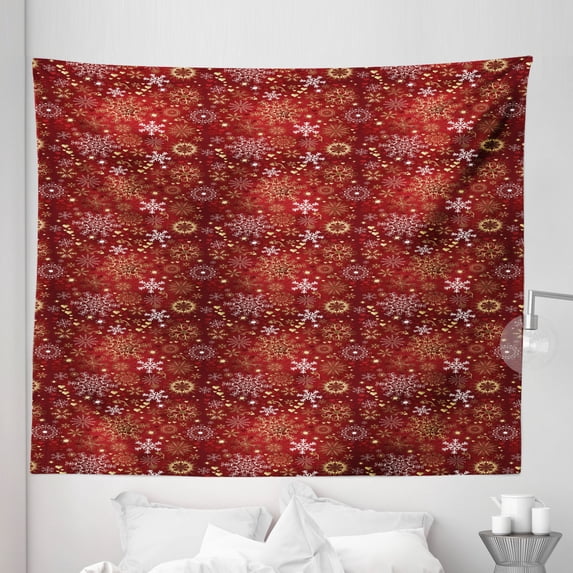 Christmas Tapestry, Ornate Snowflakes with Floral Swirls and Vivid Hearts Pattern, Fabric Wall Hanging Decor for Bedroom Living Room Dorm, 5 Sizes, Red Yellow and White, by Ambesonne