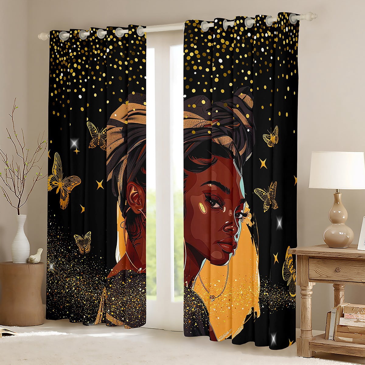 Erosebridal Black Women Curtains & Drapes for Teen Chic Butterfly Blackout Curtains, Black Gold Curtains Magical Black Black Out Curtains, Golden Glitter Window Drapes