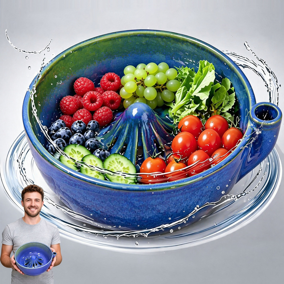 Berry Washing Bowl, Self-Spinning Ceramic Produce Cleaner, 360° Gentle Rinse Strainer with Drain Holes, Fruit & Vegetable Washer,Blue