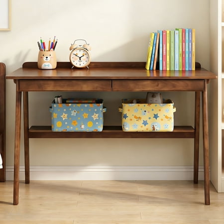 S-HOME Solid Wood Writing Desk for Small Spaces, Walnut Standing Desk with 2 Drawers and Side Hooks,Storage Shelf for Study or Office Setup