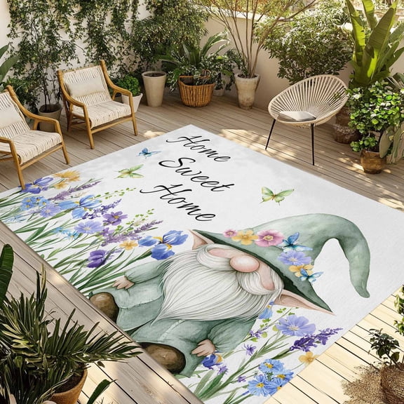 Spring Gnomes Outdoor Rug 6x9 Ft - Reversible Patio Rug Outdoor Camping Rugs, Watercolor Botanical Floral Buffalo Plaid Indoor Outdoor Area Rugs, Non-Slip Outdoor Carpet Runner for Deck/Porch