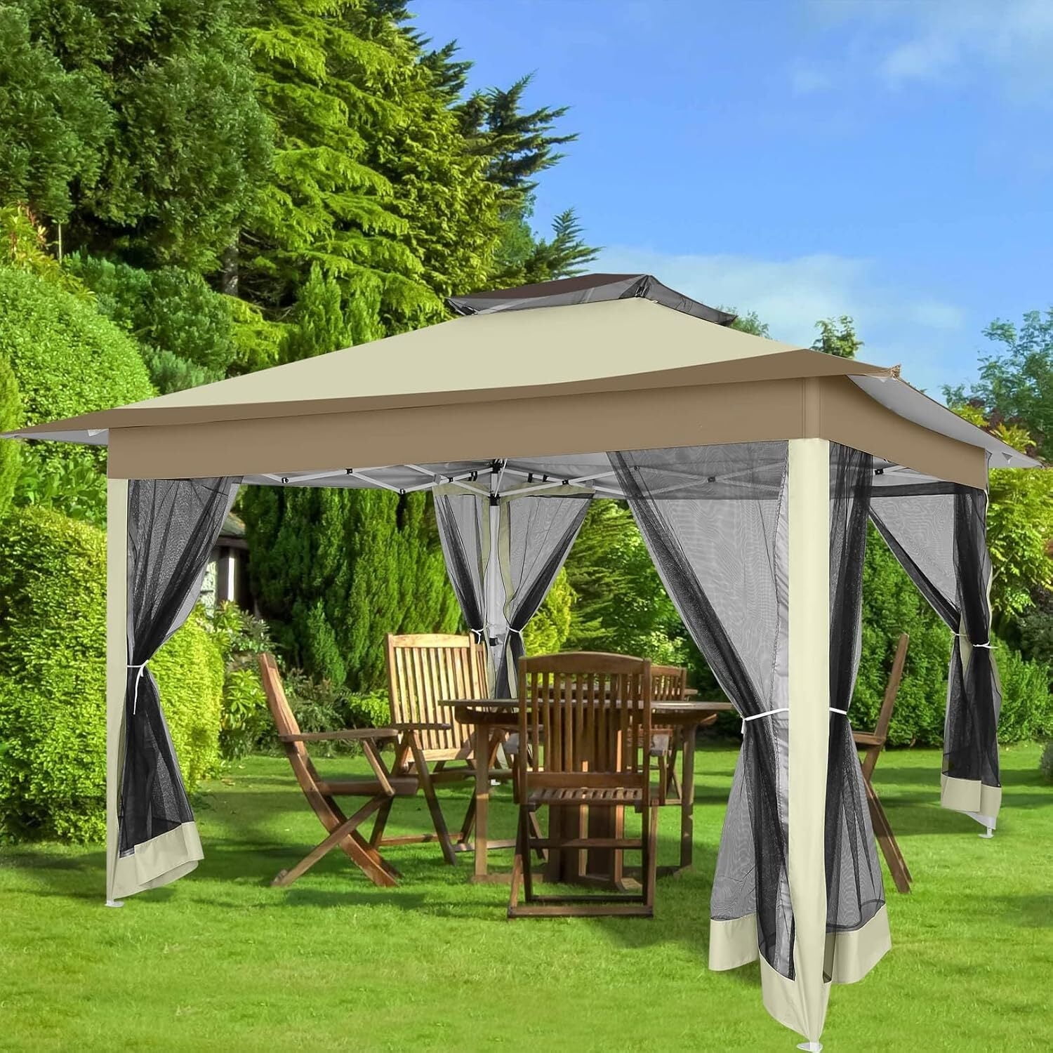 COBIZI 13x13 Pop-up Gazebo Outdoor Gazebo Canopy with Mosquito Netting Patio Tent Backyard Canopy with 2-Tiered Vented Top 3 Adjustable Height and 144 Square ft of Shade, Beige