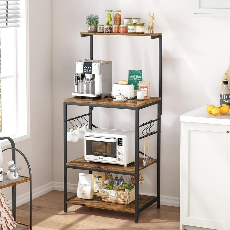 MONVANE Kitchen Baker's Rack Storage Shelf Microwave Cart Oven Stand Coffee  Bar with Side Hooks 4 Tier Shelves(Rustic Brown)