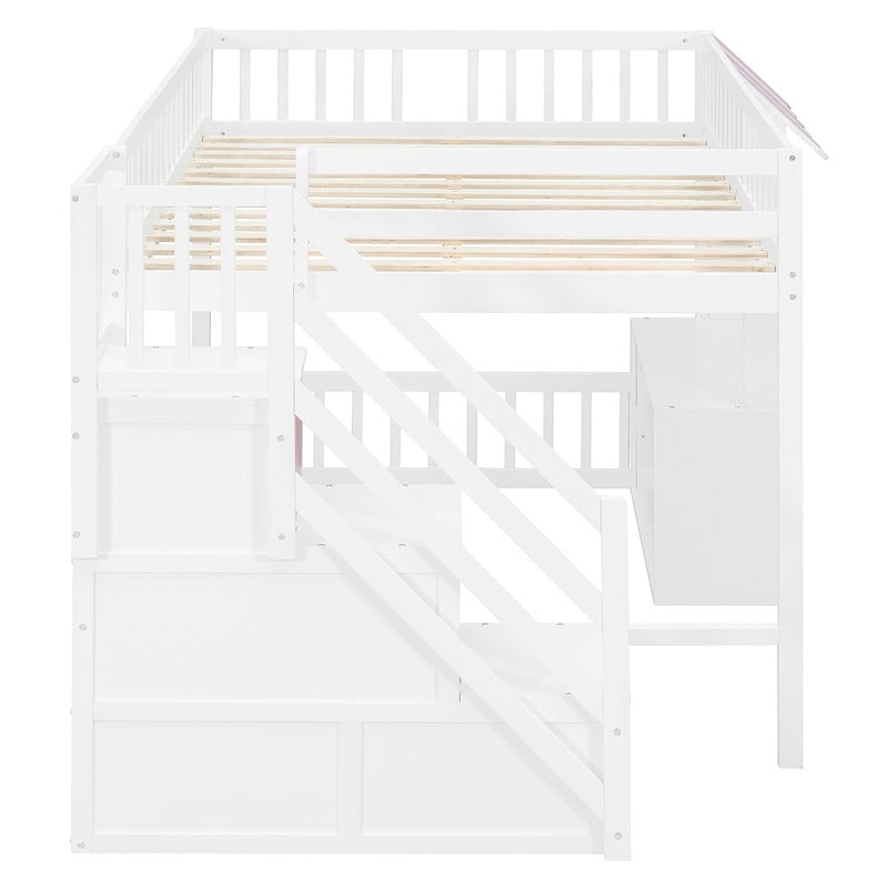 Full Size Playhouse Kids Loft Bed with Eaves Design, Wood Child Bed Frame with Storage Staircase, LED Light & Under Bed Cabinets