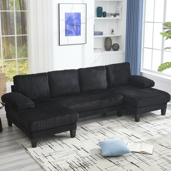 FFZ U-Shaped Sofa with Double Chaise, Oversized Seats and Wood Frame, 114.2 x 43.3 x 33.5 inch, Black