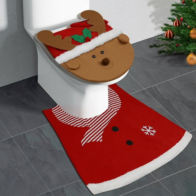 Amzcrzy Christmas Decorations, Christmas Toilet Protector Father Christmas Snowman Toilet Cover Floor Mat Two Piece Set Christmas Decoration Restroom Decorations chamber pot seat