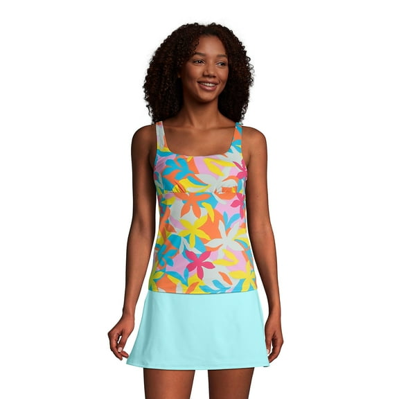 Lands' End Womens Chlorine Resistant Square Neck Tankini Top Turquoise Multi Graphic Floral Regular 12