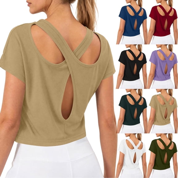 Purcolt Womens Crop Athletic Tops Lightweight Casual Crewneck Short Sleeve Cross Cut Out Back Shirts Comfort Loose Fit Sport Tee Shirt for Workout Running Gym