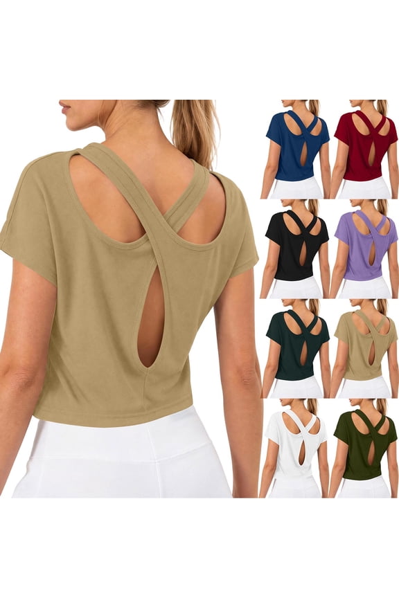 Women's Backless Short Sleeve T Shirts Criss Cross Strap Crop Top Loose Fit Breathable Soft Stretchy Summer Tees