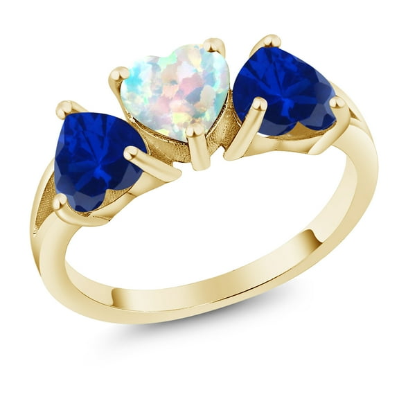 Gem Stone King 2.35 Cttw Simulated Opal and Blue Created Sapphire 18K Yellow Gold Plated Silver Ring for Women | Gemstone Birthstone | 6MM Heart (Size 9)