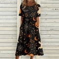 thumbnail image 3 of Women's Halloween Print Round Neck Dress with Pockets Short Sleeve Loose Midi Casual Dress Plus Size for Autumn Daily Wear Party Black L, 3 of 6