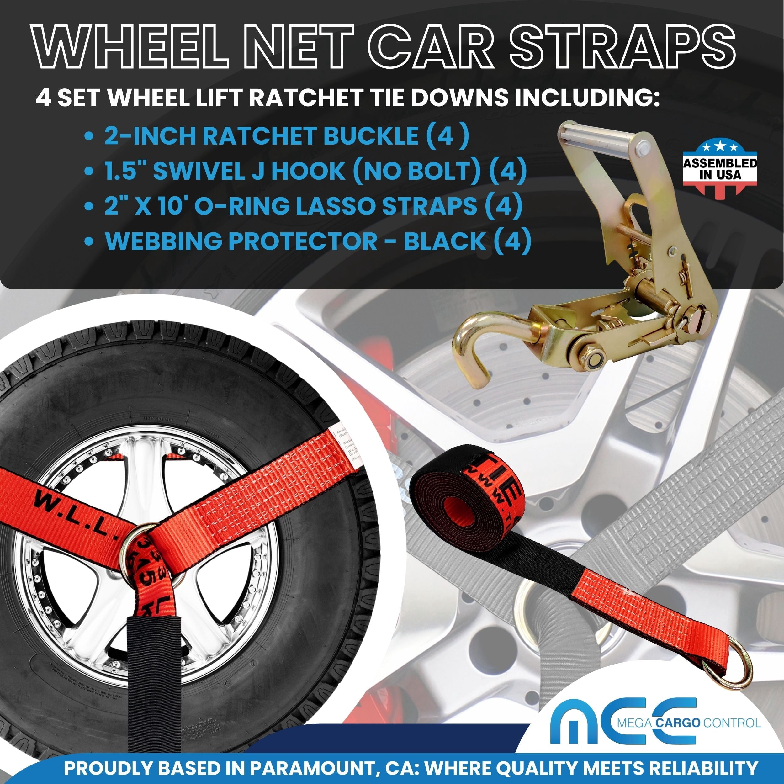 Mega Cargo Control Side Mount Wheel Net Straps with Swivel J Hook Ratchet Buckles, 2" x 10' O-Ring Lasso Strap, 4 Pack, Red