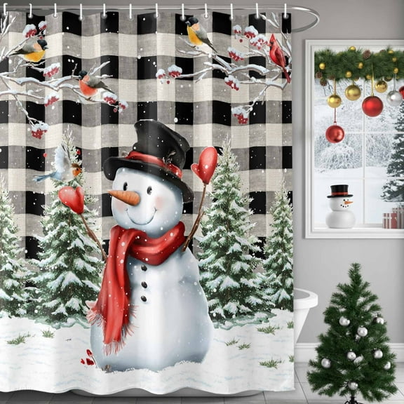 Shower Curtains Sets for Bathroom Decor Xmas Snowman Christmas Tree Bird Waterproof Bathroom Curtain with Hooks, Winter Snow Black White Plaid for Bathroom Decor,72x72IN