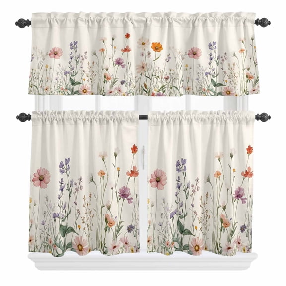 3 Piece Kitchen Curtains and Valances Set Summer Floral Botanical Cafe Curtains 24 Inch Length Spring Botanical Vintage Valance & Tier Curtain for Living Room Bedroom Small Window 54"x18" 27"x24"*2