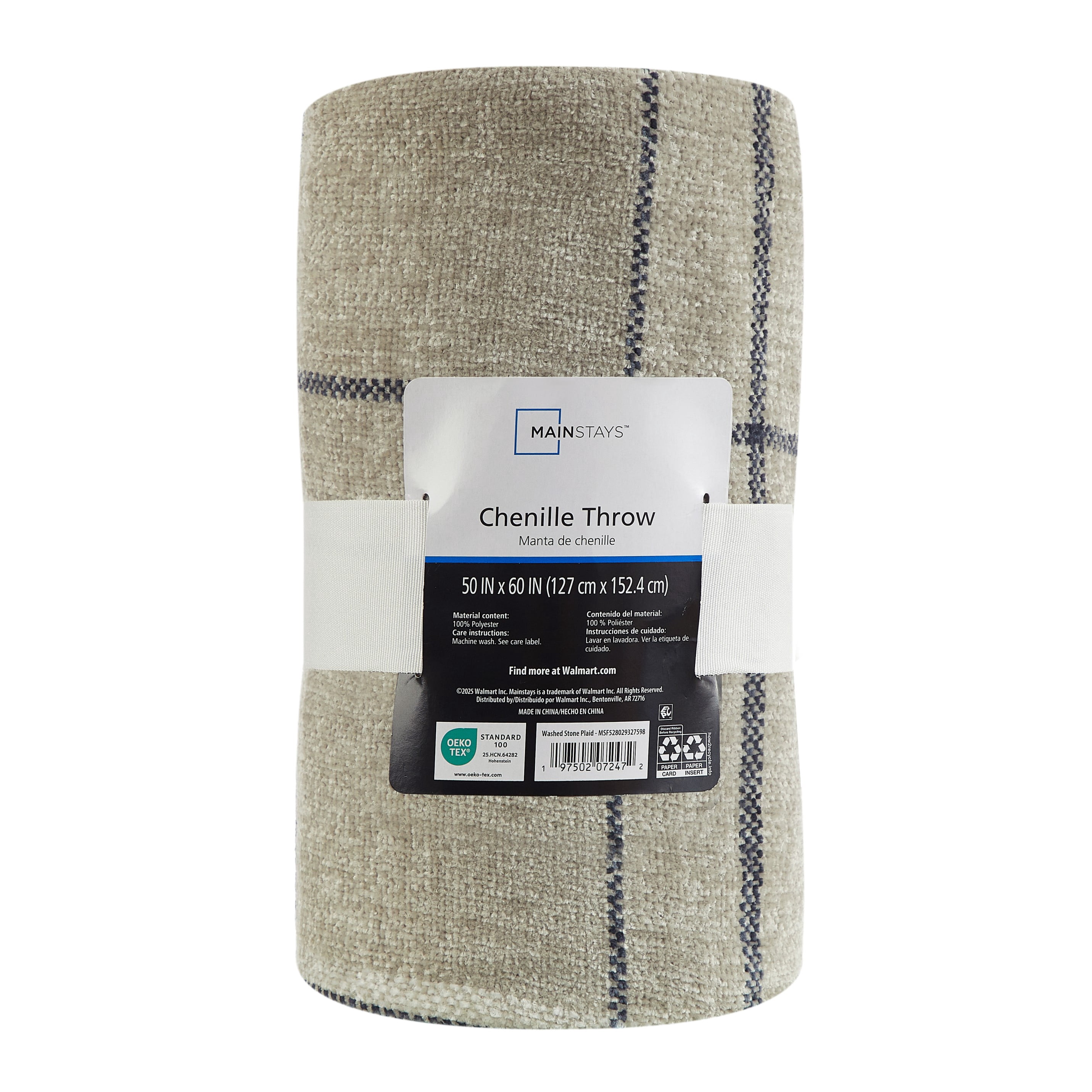 Mainstays Cozy Chenille Throw, Washed Stone Plaid, 50" x 60"
