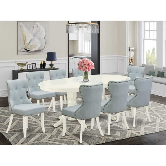 East West Furniture East-West Furniture VASI9-LWH-15 - A modern dining table set of 8 amazing kitchen chairs with Linen Fabric Baby Blue color and a fantastic mid-century dining table with Linen...