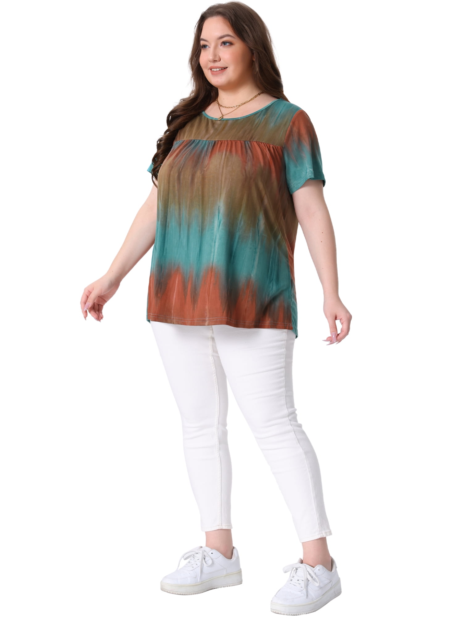 DARING DIVA Women's Plus Pleated Front Casual Blouse 1X Blue Brown