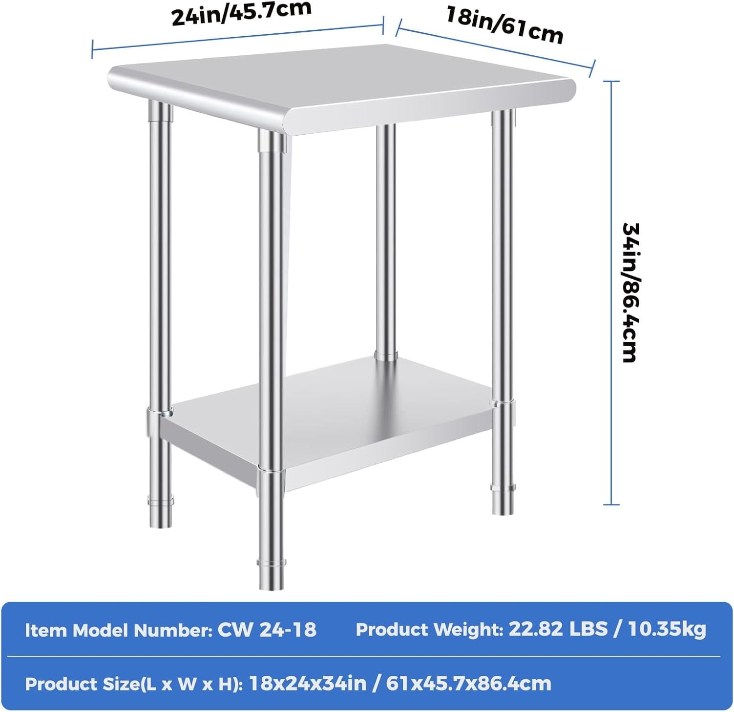 OSTBA Stainless Steel Table for Prep & Work 24x18 Inches, NSF Metal Commercial Heavy Duty Table with Adjustable Undershelf and Adjustable Foot for Restaurant Kitchen Home and Hotel