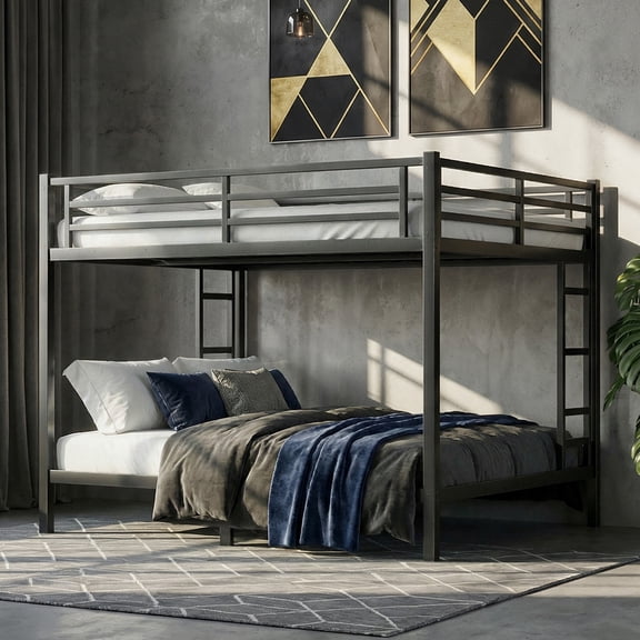 Queen over Queen Bunk Bed, Heavy Duty Metal Bunk Beds for Adults & Teens with Full-Length Guardrail, Easy Assembly, Black