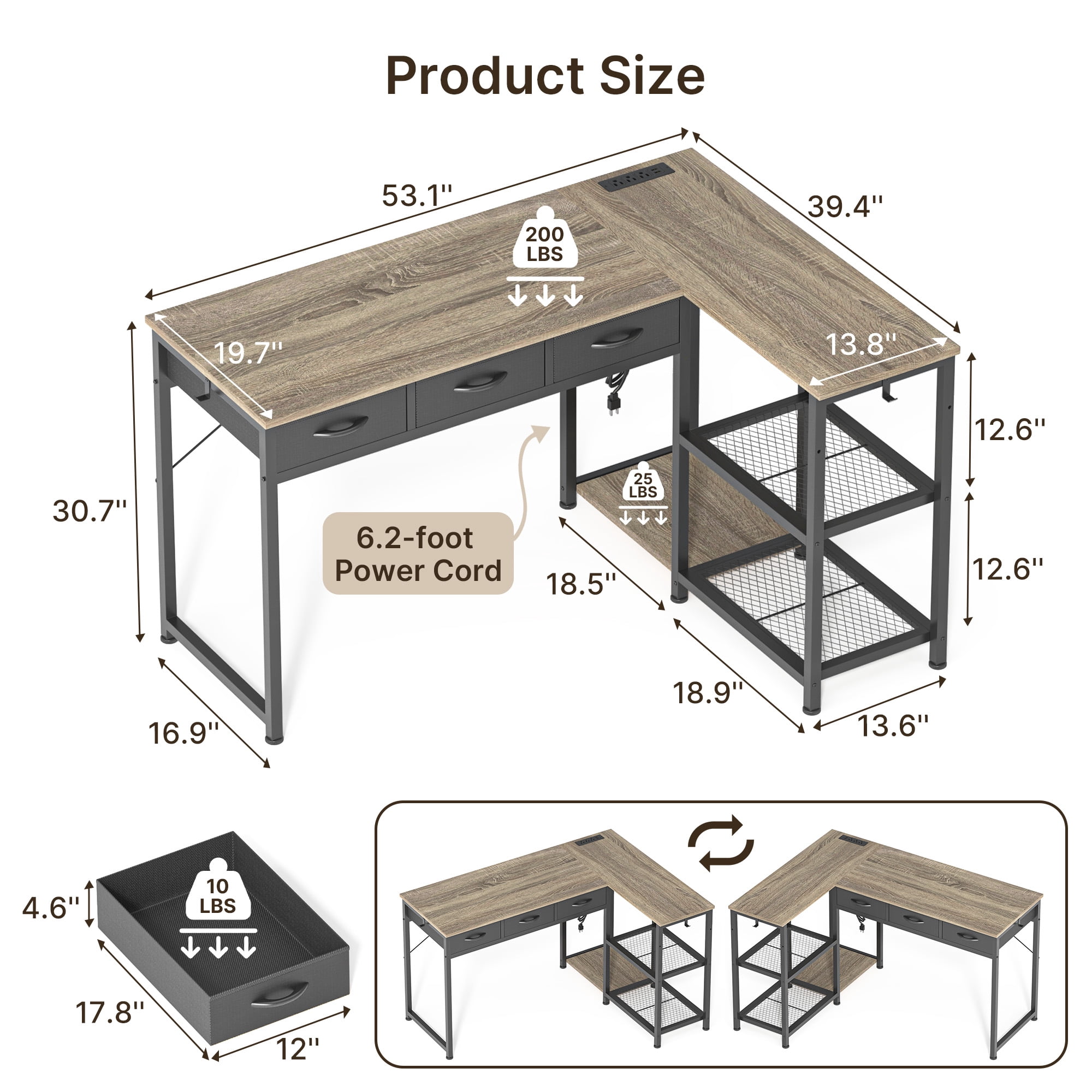 Asofer 53" L Shape Computer Desk, Gaming Desk for Home Office, Christmas Gift with 3 Drawers, Open Shelves & Integrated Power Outlet, Gray