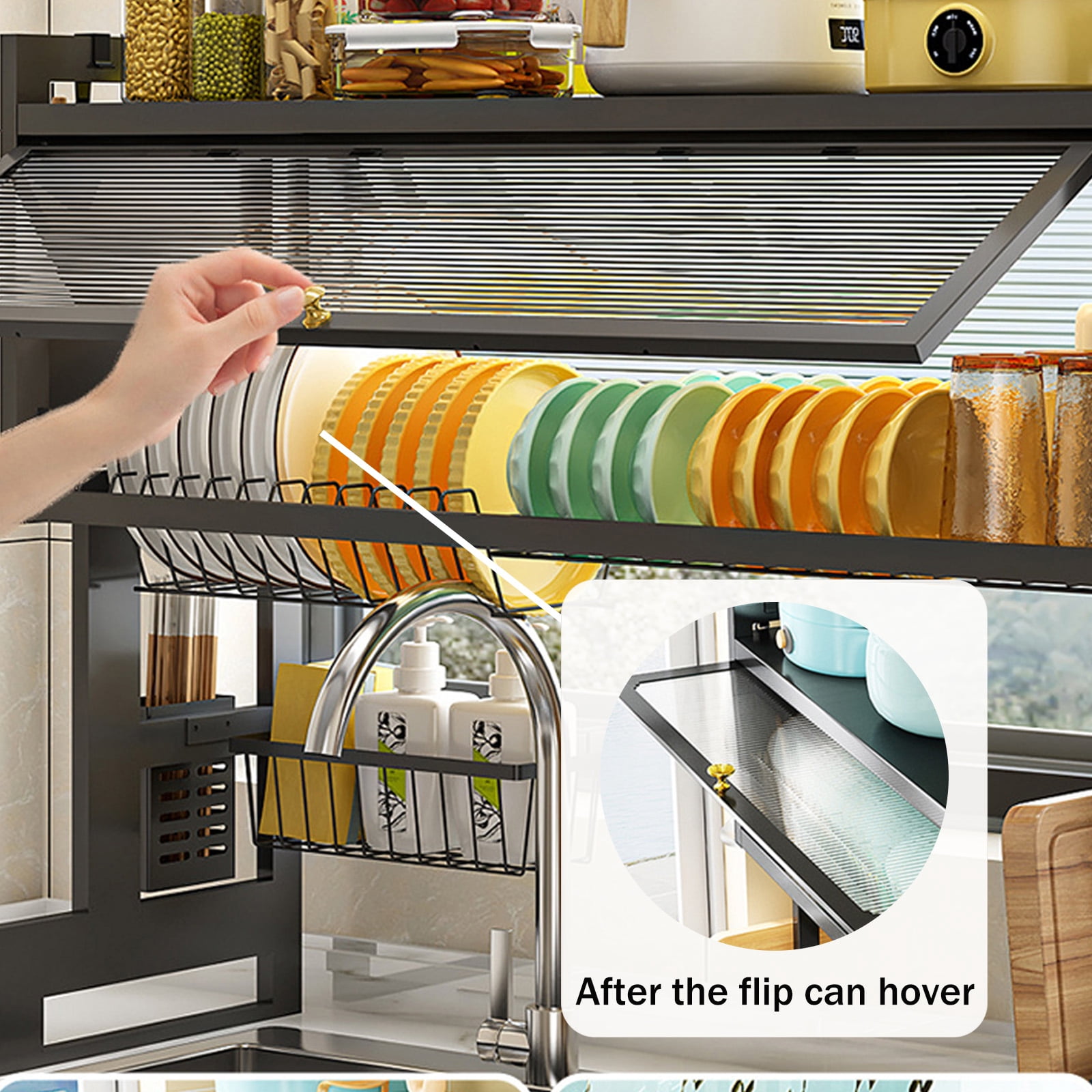 Overthe Sink Dish Rack, Over the Sink Drying Rack with Cover, Dish Drying Rack Over Sink for Bowls and Cutlery, Dish Holder Organizer for Kitchen Counter Storage (Black, 25.6" Length）