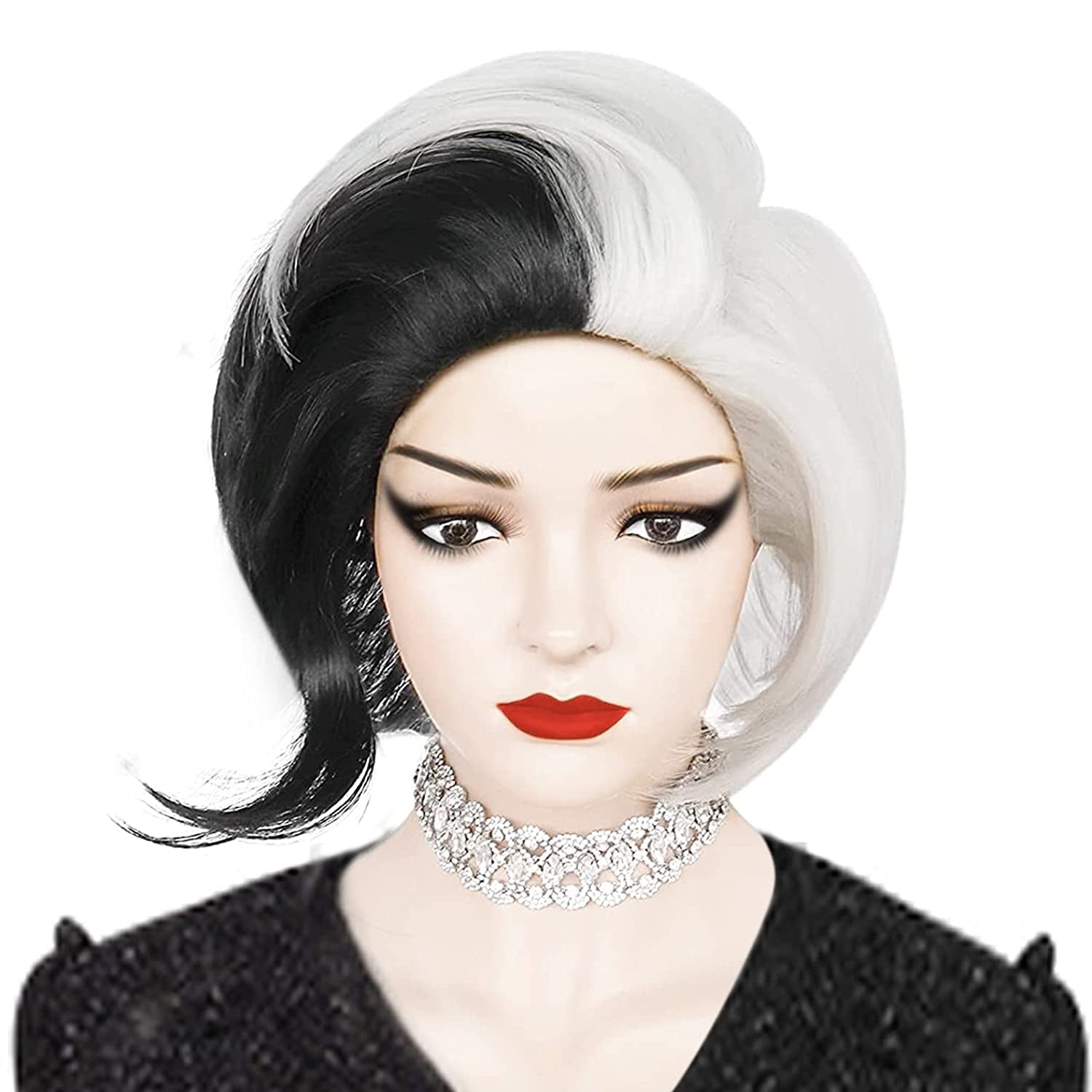 Anogol Cruella Devil Cosplay Wig Cruella Costume Wigs For Coser Woman Girls Black And White Short Movie Cosplay Anime Synthetic Hair Wigs For Halloween Party Walmart Com