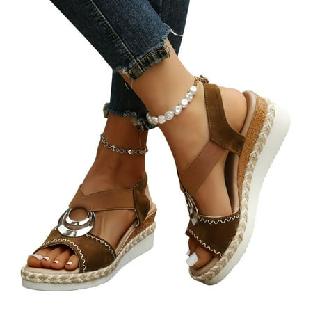 

Lovskoo 2024 Women s Wedge Espadrille Sandals Summer Bohemian Shoes Open Toe Dressy Platform Sandals Slip on Elastic Ankle Strap Sandals Brown