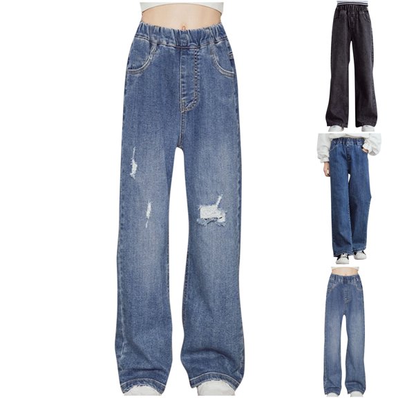SROBPTY Girls Summer Pants Solid Denim Straight Leg Wide Leg for Casual Use 5-15 Years