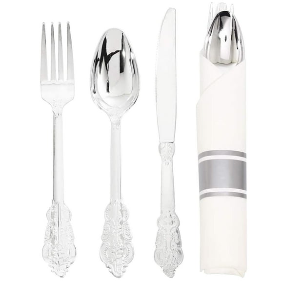 DEEPCRAFF Disposable Silver Fork Spoon Napkin Set for Kitchen Events 2Sets