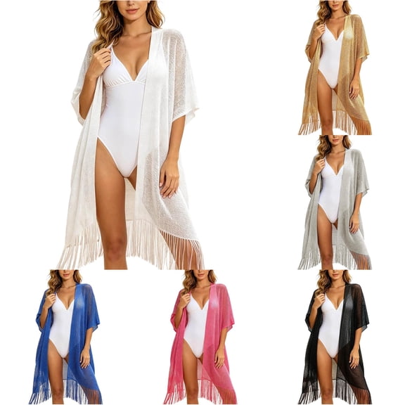 HNMKIU Ladies Evening Wrap Metallic Fringe Shawl Wrap Elegant Beach Cover Up Resort Sun Kimono Cardigan White,One Size