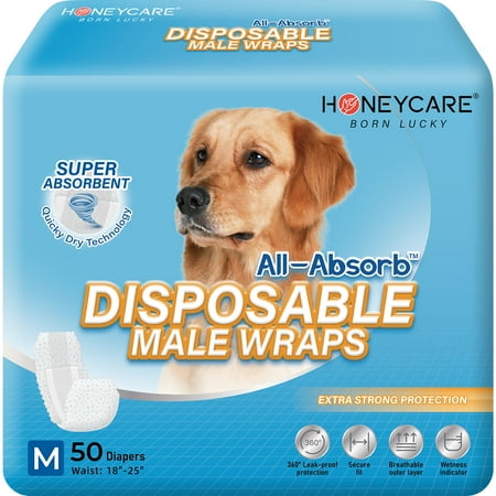 UPC: 0851937005282 | Honey Care All-Absorb A25 Male Dog Wrap 50 Count Medium Super Absorbent Breathable Wetness Indicator