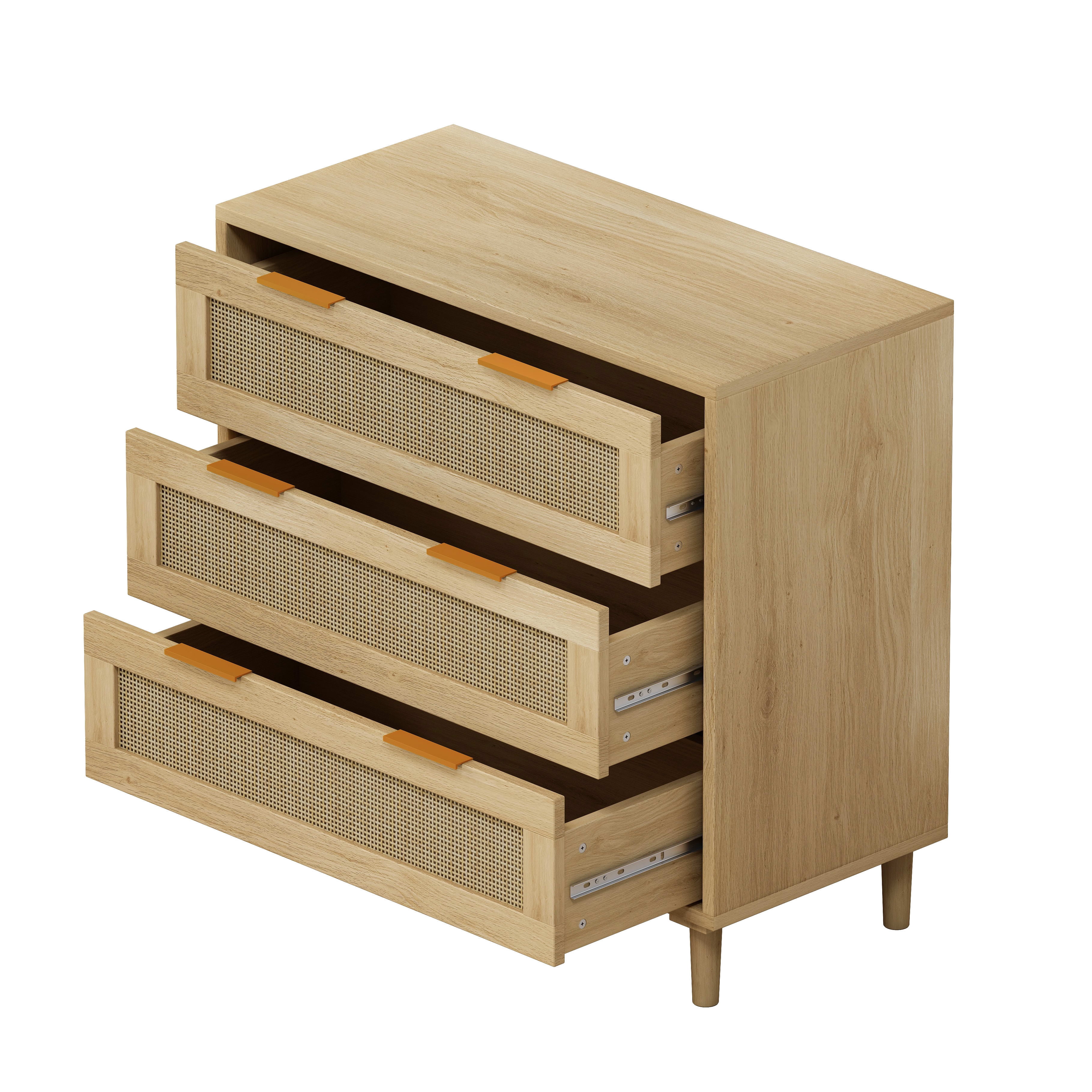 Aukfa 3 Drawer Dresser Nightstand with Rattan Storage Drawer for Bedroom Living Room, Oak