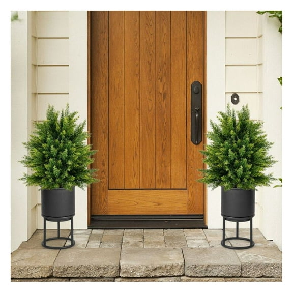 Yunken 2-Pack Artificial Cedar Topiary Ball Tree with Cement Pot, Realistic Faux Potted Plants for Indoor Outdoor Patio Porch Home Office Desk Decor