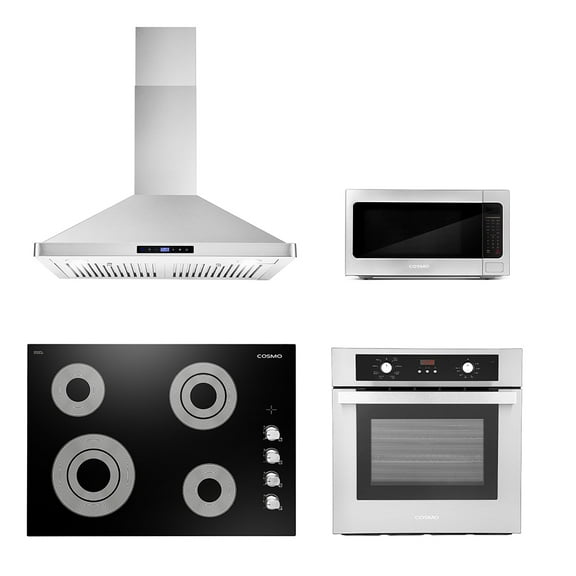 Cosmo 4 Piece Kitchen Appliance Package 30" Electric Cooktop 30" Wall Mount Range Hood 24" Single Electric Wall Oven & 24.4" Countertop Microwave Kitchen Appliance Bundles