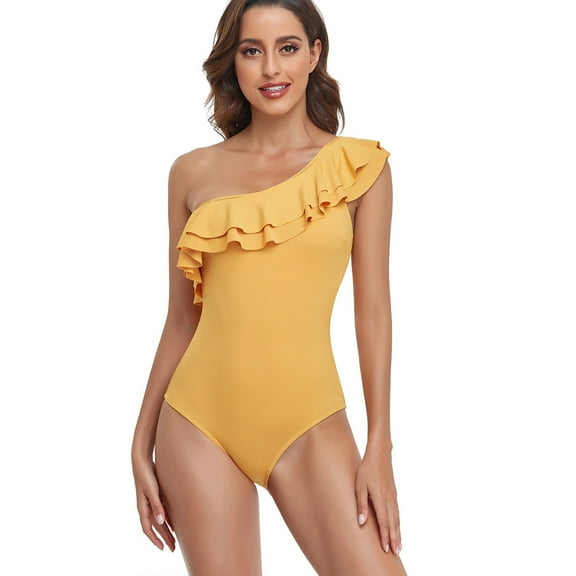 Sngxgn Women's Swimsuits One Shoulder Swimwear Asymmetric Ruffle Monokinis Bathing Suits(Yellow,S)