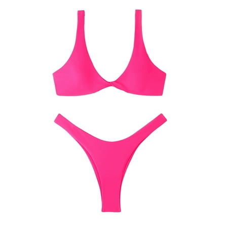 Cathalem Women Push Up Two Piece Bikini Swimsuits Padded Swimwear Bathing Suit (Hot Pink L)