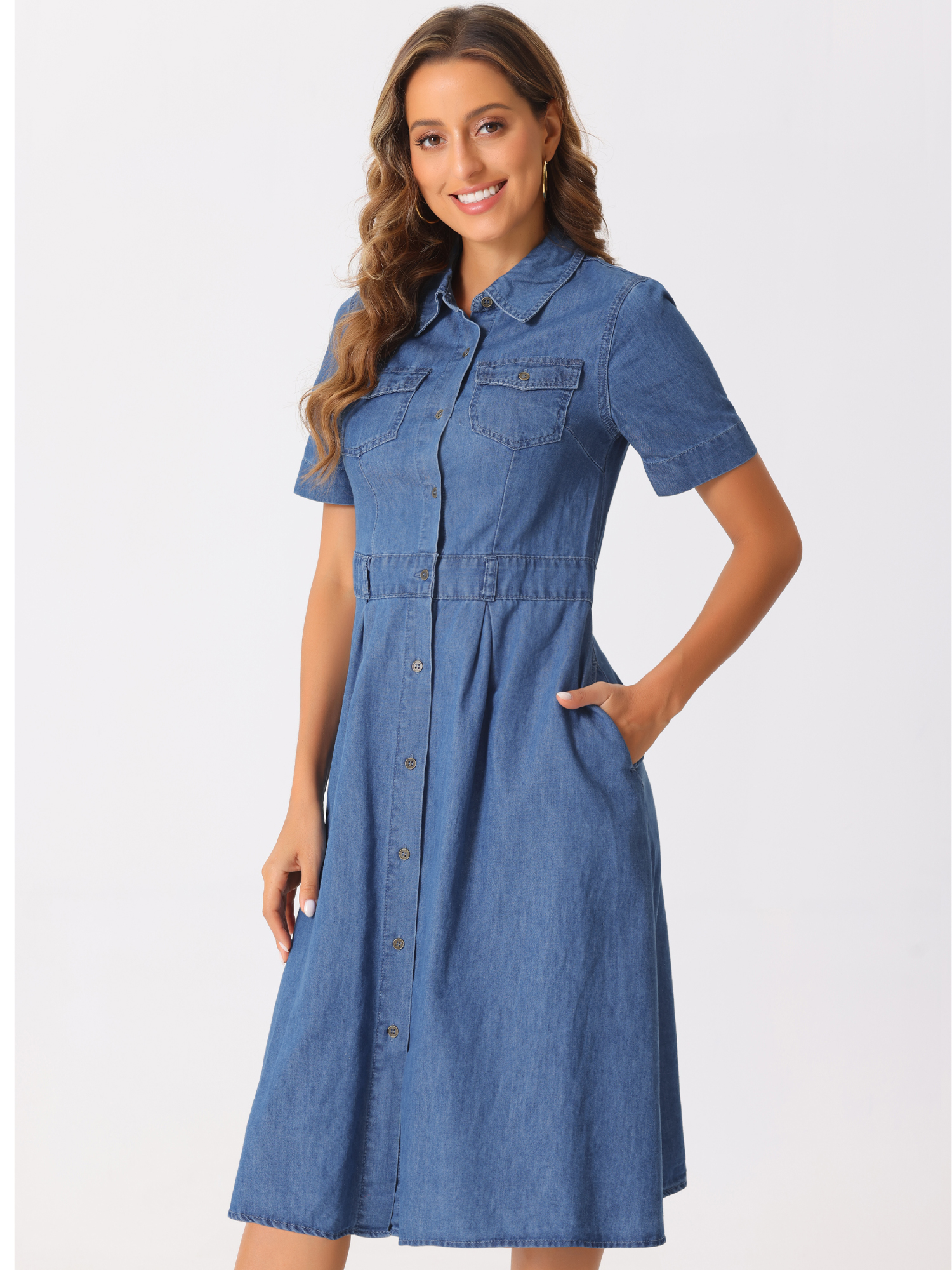 DARING DIVA Denim Collared Short Sleeve A-Line Midi Dress S Blue
