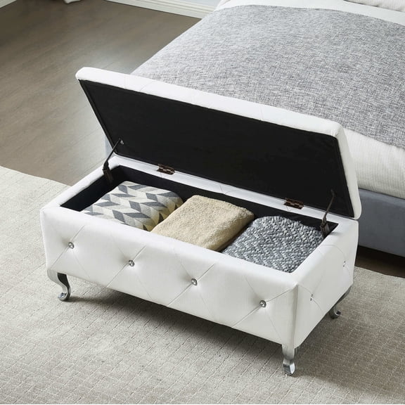 Wooden Bedroom Benches, Upholstered Storage Ottoman Bench For Bedroom End Of Bed Faux Leather Rectangular Storage Benches Footrest With Crystal Buttons For Living Room Entryway (White)