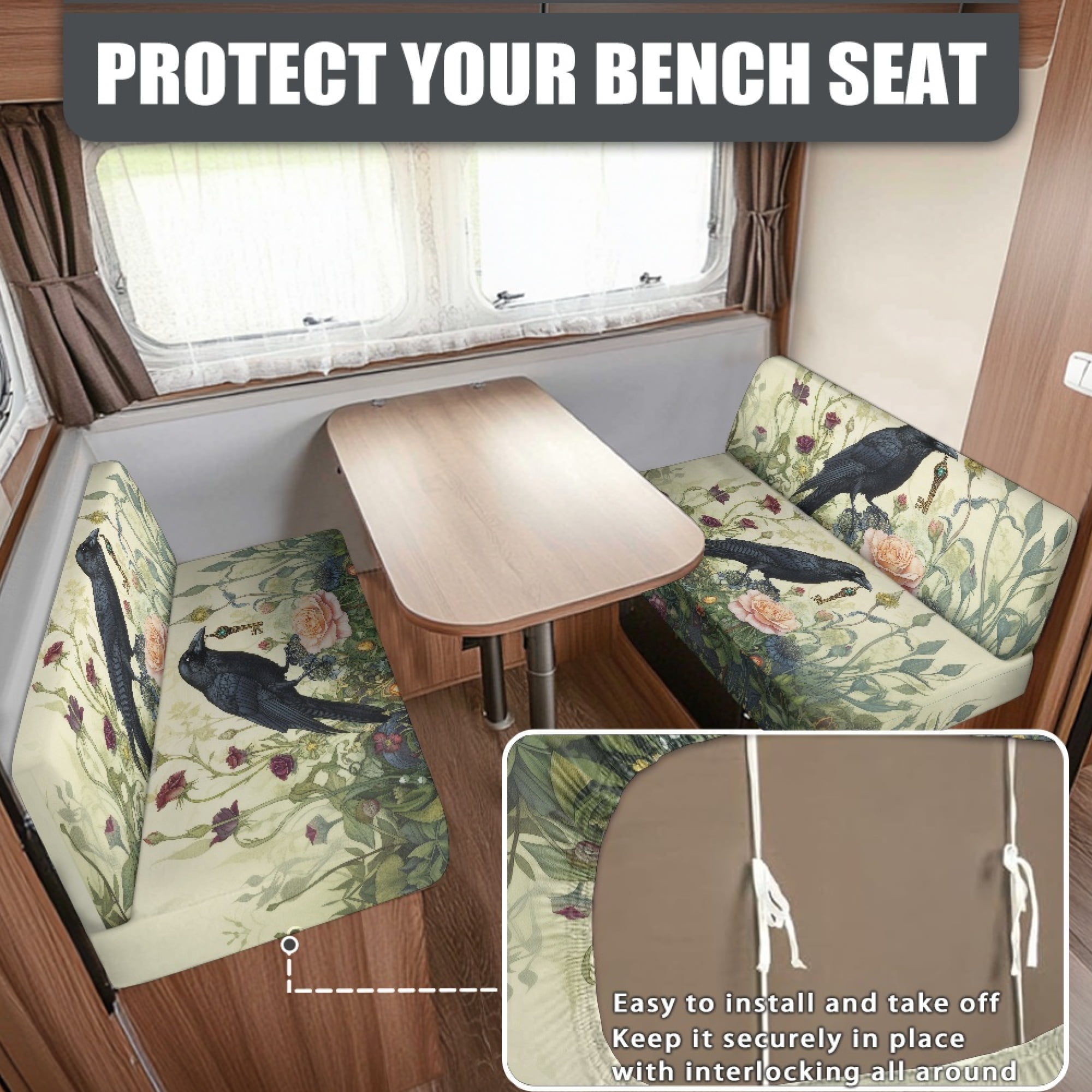 FOR U DESIGNS Raven Rose Leaf Print 2 Pcs RV Dinette Cushion Covers Scratch-resistant Camper Cushion Slipcover Stretch Sofa Furniture Protector Include1 Backrest Covers and 1 Bench Covers