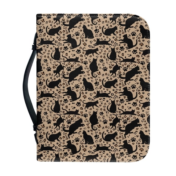 HELLHERO Cat Paw Print Leopard Print Pattern Bible Hand Bag for Church Christian Prayer, Zippered Bible Cover PU Leather Handle Bible Covers